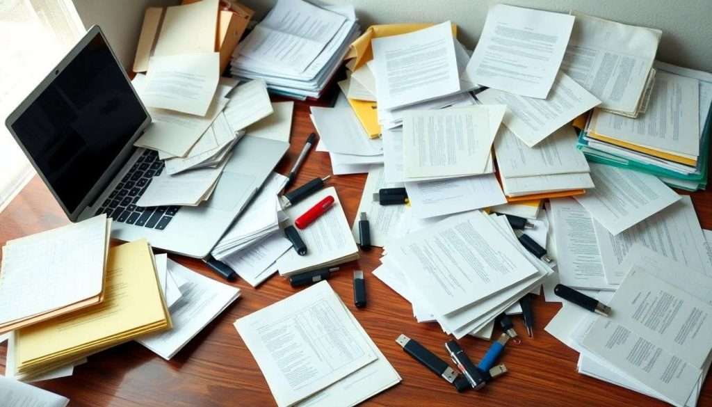 A cluttered desk with scattered papers, folders, and a laptop. Define what is Confidential Information in Non-disclosure Agreements
